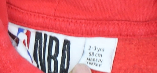 Close-up detail of NBA boys’ red pullover hoodie 2-3 years graphic print