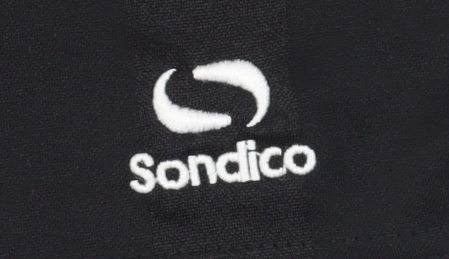Brand and care label for Sondico boys’ black athletic shorts, size L
