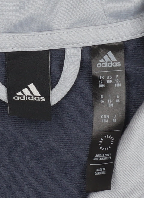 Brand and care label for Adidas boys’ blue grey colourblock hoodie, 12-18 months