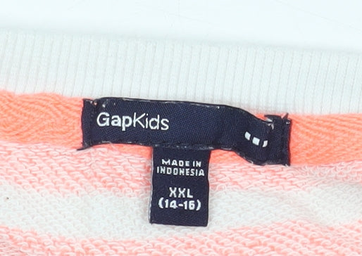 Brand and care label for GapKids girls’ striped pink sweatshirt 14-16 years pullover
