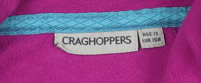 Brand and care label for Craghoppers girls’ purple fleece full zip sweatshirt 15 years