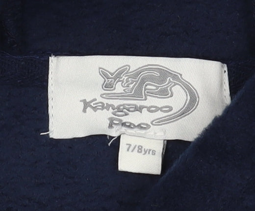 Brand and care label for Kangaroo Poo boys’ blue pullover hoodie, size 7-8, years
