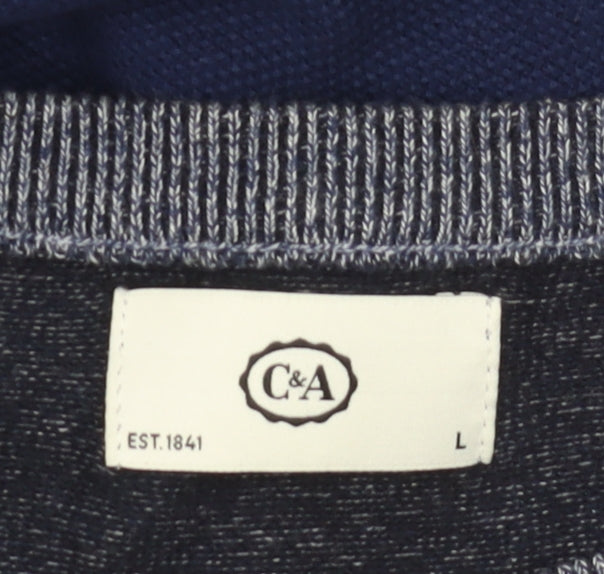 Brand and care label for C&A Men's Blue Striped jumper Large