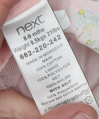 Close-up detail of Next girls’ pink a-line dress, 6-9 months, floral embroidery