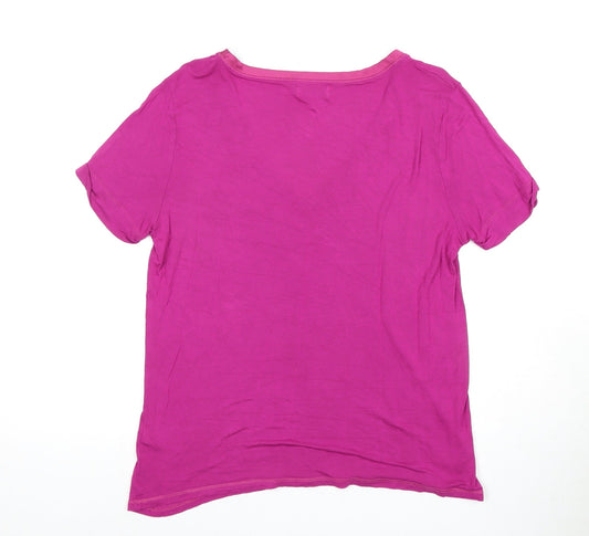 Reiss Women's Pink V-Neck T-Shirt, Size L, Button Accent