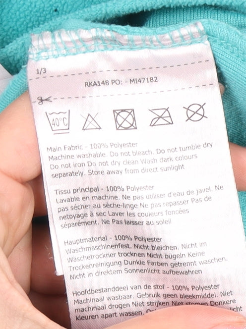 Brand and care label for Regatta girls’' blue fleece pullover sweatshirt 9-10 years