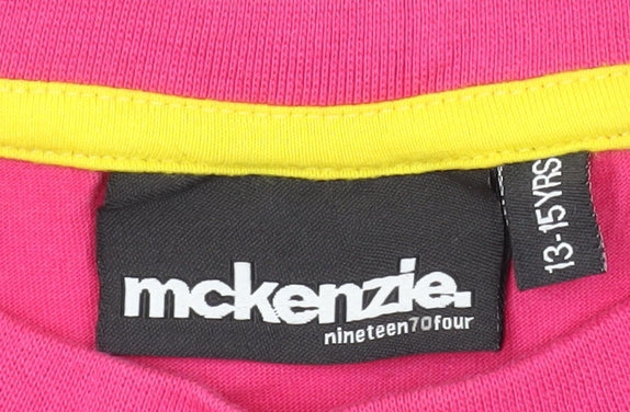 Brand and care label for McKenzie girls’ pink graphic t-shirt - 13-14 years