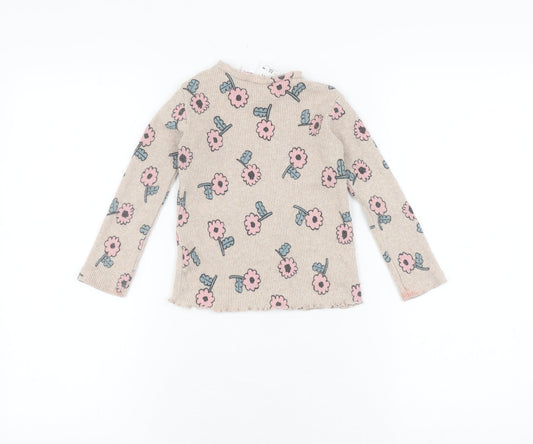 Zara Girls Beige Floral Long Sleeve T-Shirt, 2-3 Years