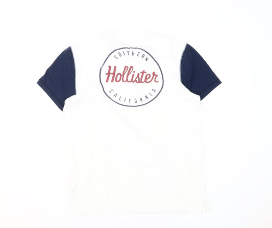 Hollister Men's White/Blue Henley T-Shirt M Logo