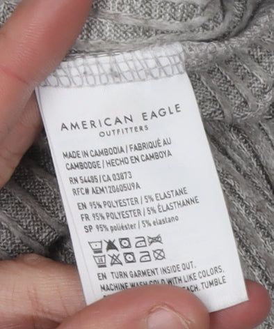 American Eagle Women's Grey V-Neck Long Sleeve T-Shirt