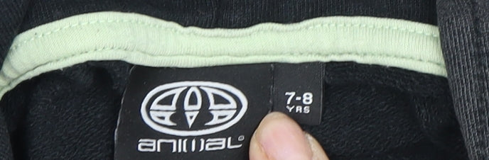 Close-up detail of Animal boys’ black graphic hoodie 7-8 years pullover style
