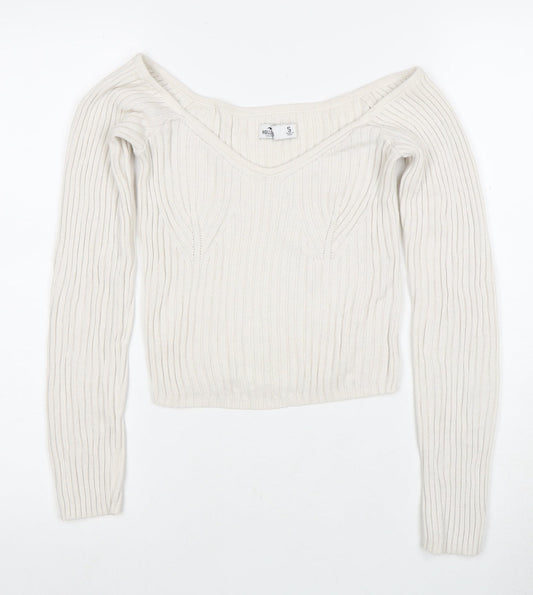 Hollister Women's Ivory V-Neck Pullover Jumper - Small