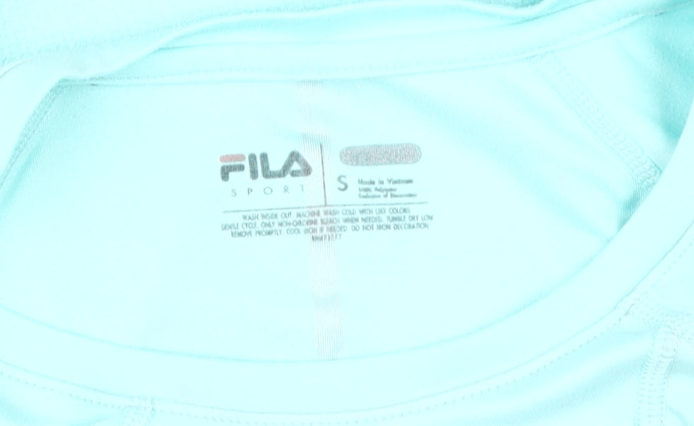 Close-up detail of Fila Women's Blue Gym T-Shirt, size S, Breathable, Short Sleeve