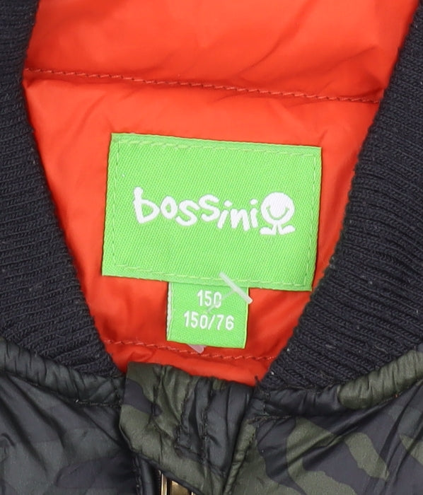 Brand and care label for Bossini boys’ green camouflage bomber jacket, size 22