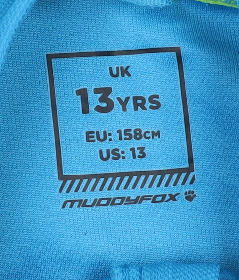 Brand and care label for Muddyfox boys’ cycling jersey, blue, 13 years, sports top