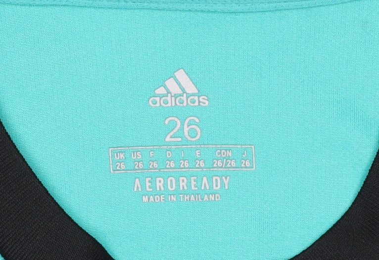 Brand and care label for Adidas boys’ green football jersey, size 26, lightweight