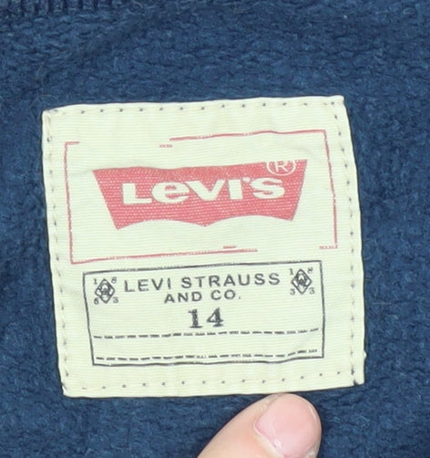 Brand and care label for Levi's boys’ blue cotton sweatshirt 14 years graphic pullover