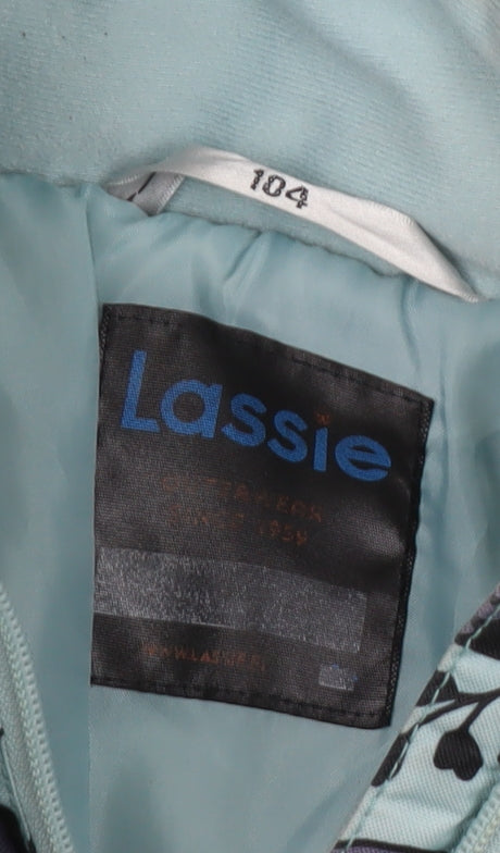 Brand and care label for Lassie girls’ blue floral rain coat jacket, size 104