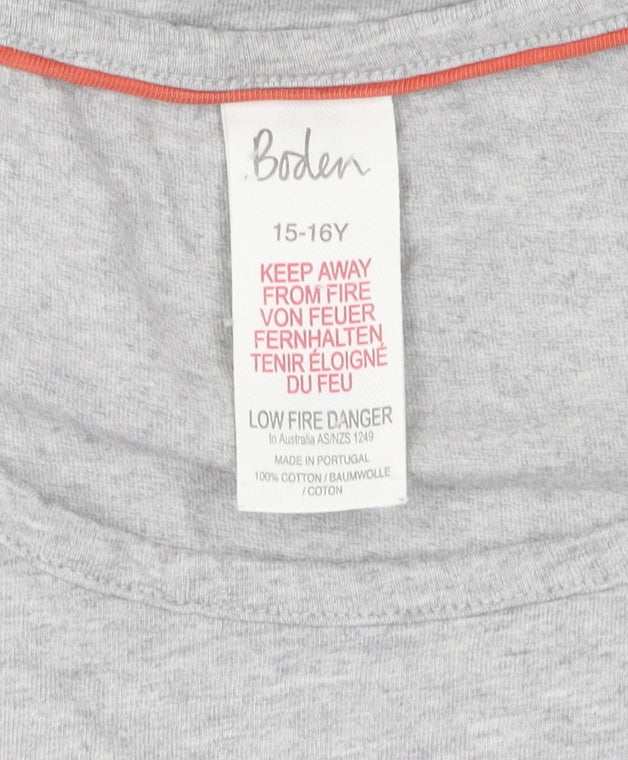 Close-up detail of Boden girls’ grey t-shirt, size 16, years, short sleeve, logo accent