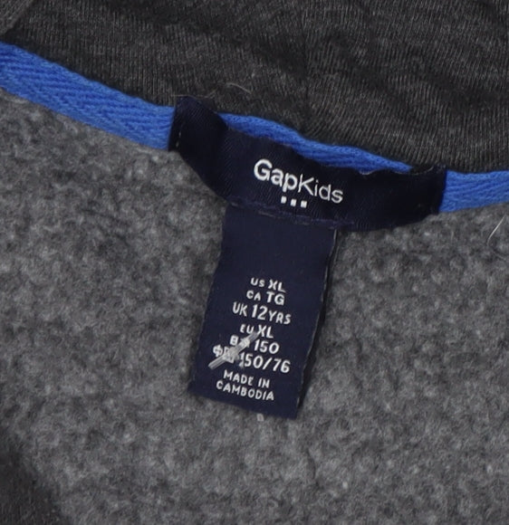 Close-up detail of Gap boys’ grey full zip hoodie with logo -, size 12, years