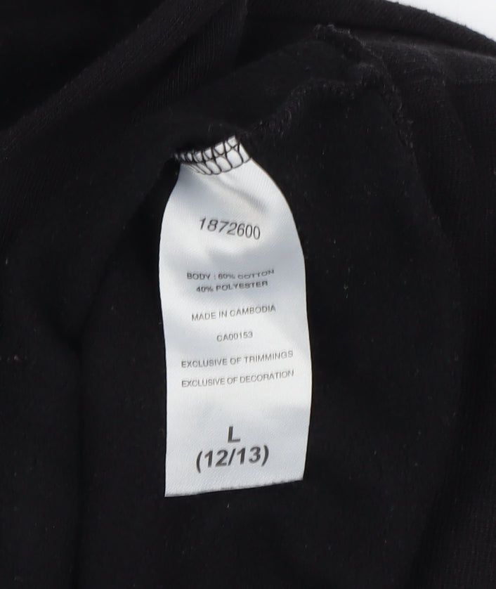 Brand and care label for Champion boys’ black hoodie l pullover logo lightweight