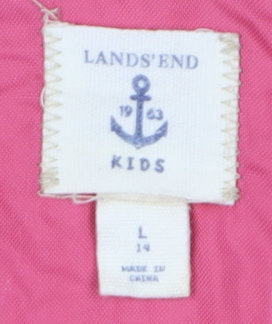 Brand and care label for Lands' End girls’ pink parka jacket, size 14, winter hooded