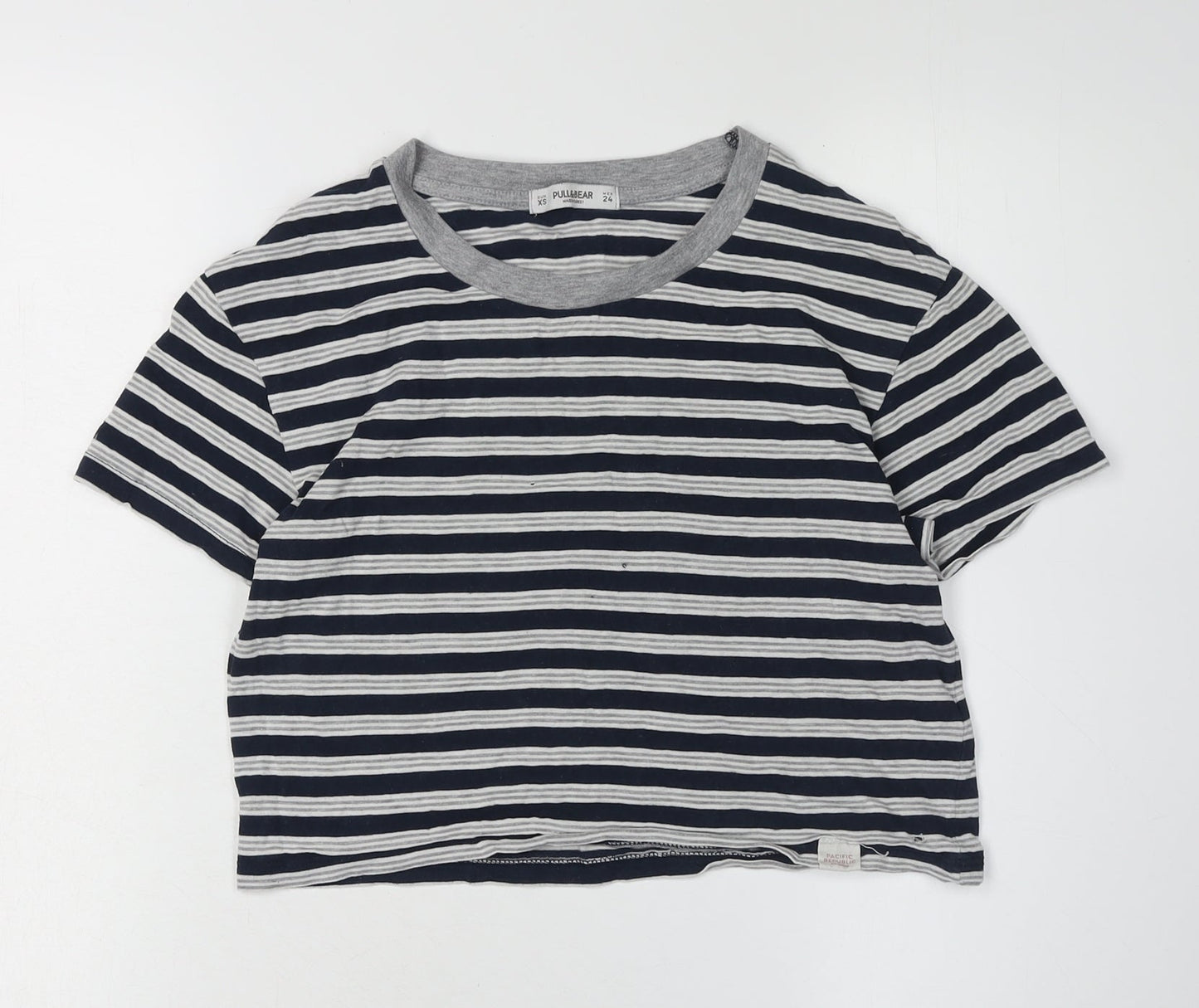 Pull & Bear Women's Blue Striped Cropped T-Shirt, XS