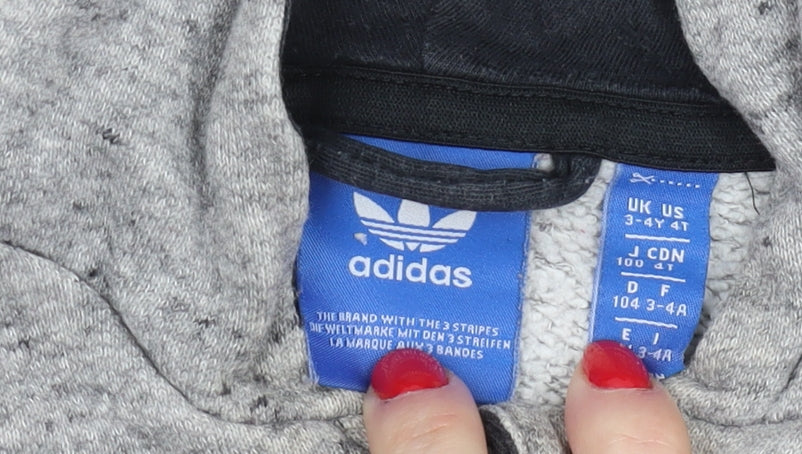 Brand and care label for Adidas boys’ grey full zip hoodie 3-4 years with logo accents