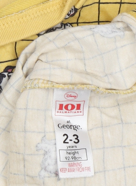 Close-up detail of George girls’ yellow 101 dalmatians t-shirt, 2-3 years