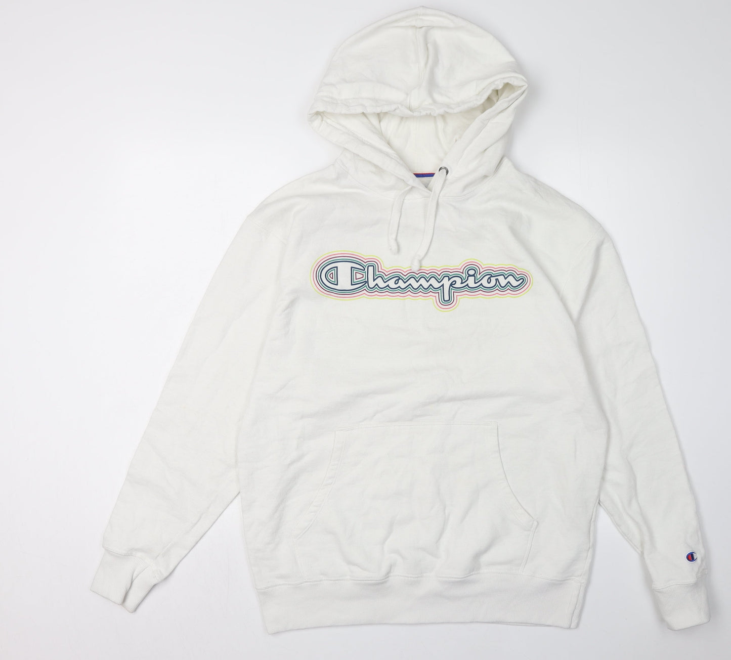 Champion Men's White Hoodie Large Graphic Logo