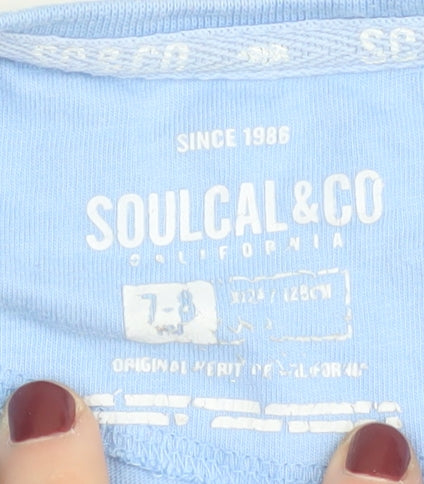 Brand and care label for SoulCal girls’ blue t-shirt, size 7, california graphic print