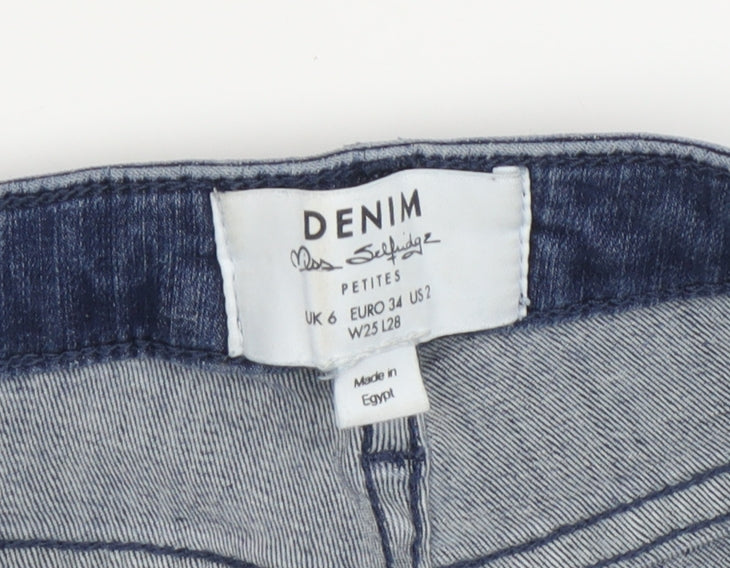 Close-up detail of Miss Selfridge Women's Blue Distressed Skinny Jeans, size 6