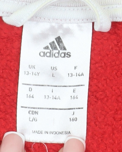Close-up detail of Adidas boys’' red full zip hoodie, size 13-14, years