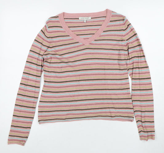Laura Ashley Women's Pink Striped V-Neck Jumper, Size 12