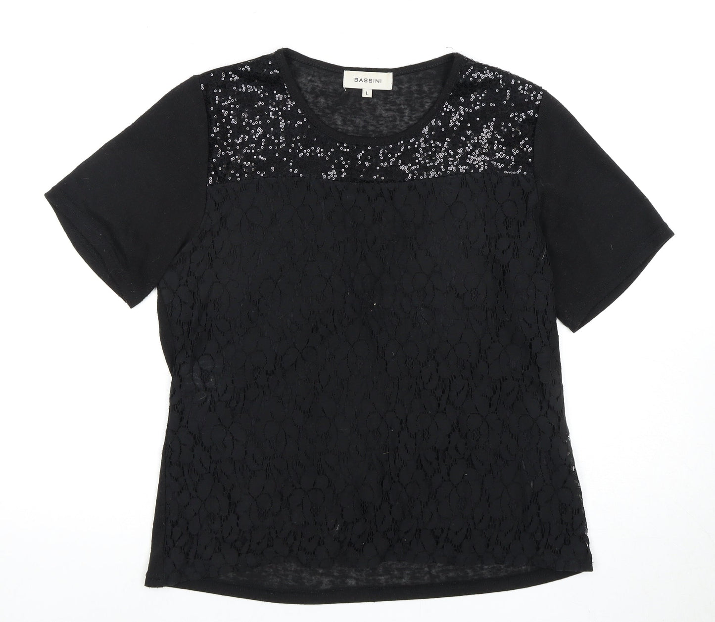 Bassini Women's Black Sequin Lace T-Shirt Size L