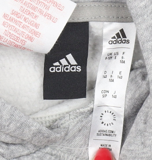 Brand and care label for Adidas boys’ grey pullover hoodie 9-10 years - lightweight & hooded