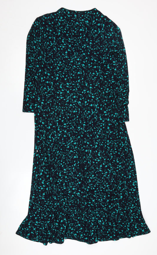 Laura Ashley Women's Black Green Floral V-Neck Dress UK 14
