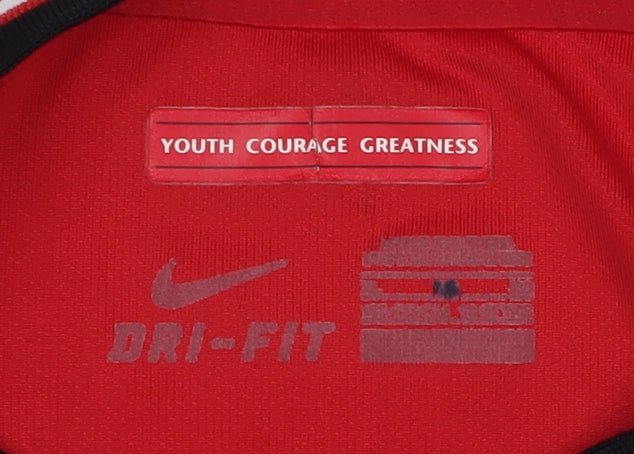 Brand and care label for Nike boys’ red football jersey t-shirt, size S, moisture wicking