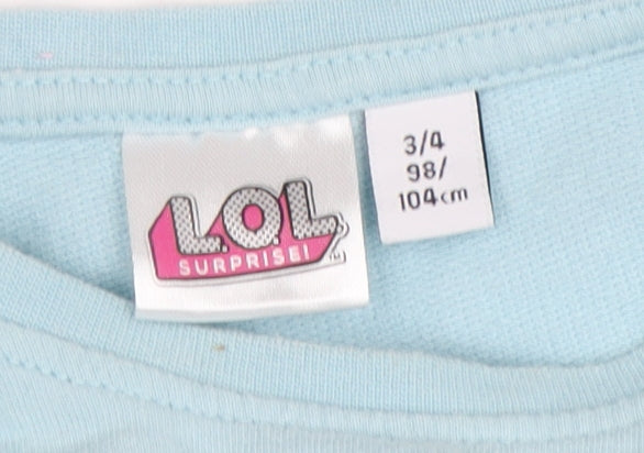 Close-up detail of LOL Surprise girls’ blue long sleeve t-shirt, size 4, years
