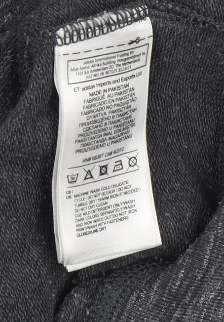 Brand and care label for Adidas boys’ grey full zip hoodie, size S