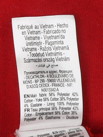 Brand and care label for Decathlon boys’ red pullover hoodie 10-11 years