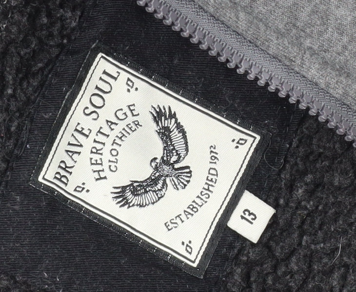 Close-up detail of Brave Soul boys’ grey full zip hoodie 13 years - fleece warm