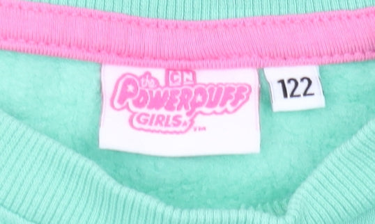 Brand and care label for The Powerpuff girls’ green sweatshirt girls 7 years
