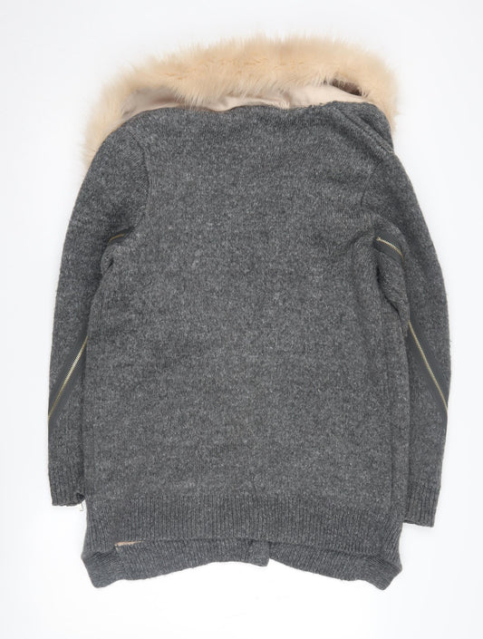 River Island Women's Grey Faux Fur Trim Coatigan Size 10