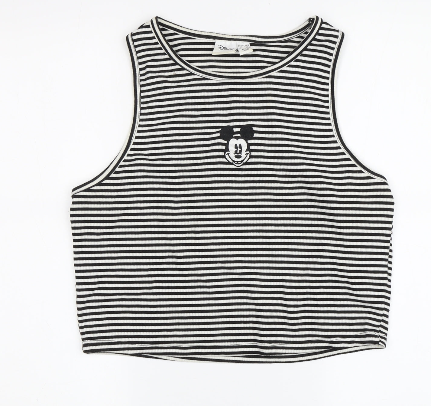 Disney Women's Black Striped Cropped Tank, Size L, Mickey Mouse