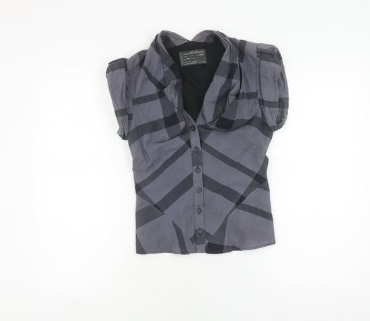 AllSaints Women's Black Check Blouse, Size 8, Short Sleeve