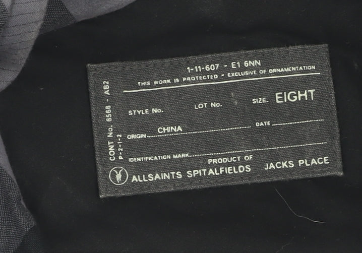 AllSaints Women's Black Check Blouse, Size 8, Short Sleeve