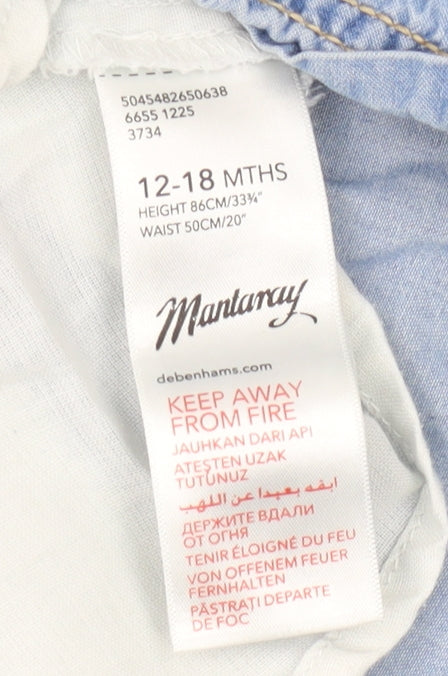 Brand and care label for Mantaray girls’ blue floral pinafore dress, 12-18 months