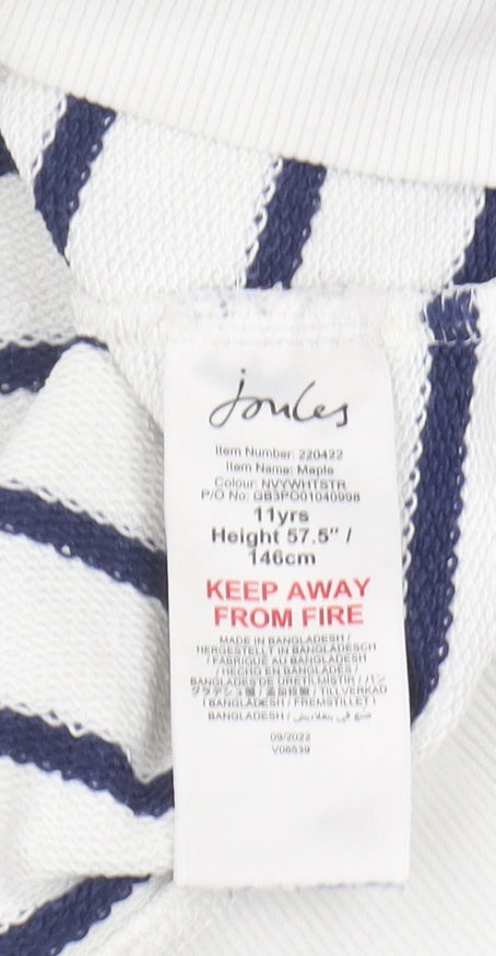 Brand and care label for Joules girls’ white striped sweatshirt crew neck 11 years