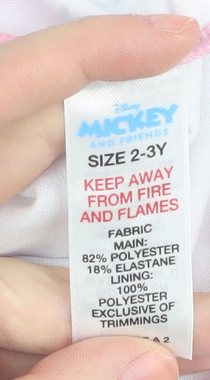 Close-up detail of Disney girls’ pink one piece swimwear 2-3 years